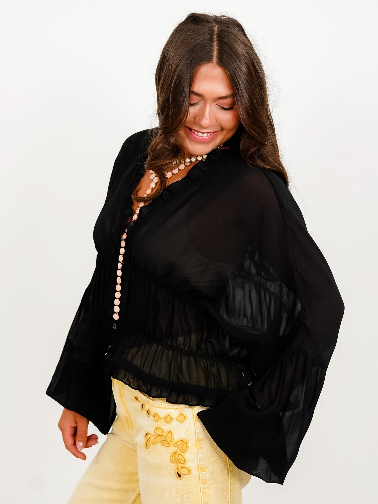 Plus/Reg Sheer Long Sleeve V-Neck Ruffled Top