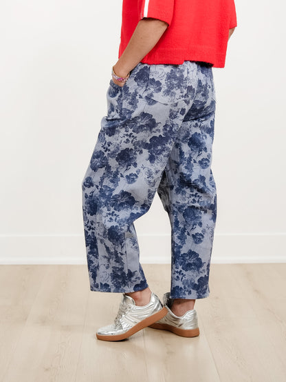 Floral Print Elastic Waist Barrel Pants
