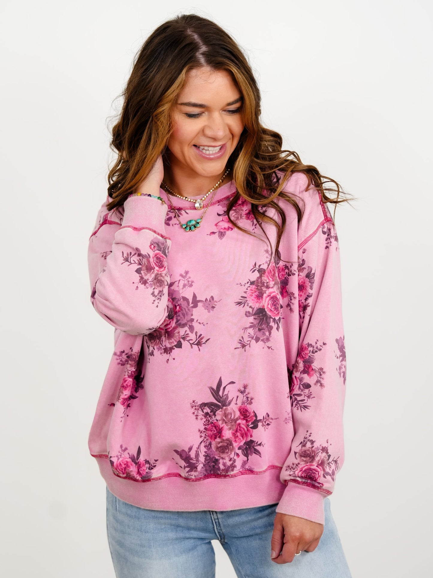 Plus/Reg Vintage Floral Print Long Sleeve Pullover Top