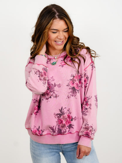 Plus/Reg Vintage Floral Print Long Sleeve Pullover Top