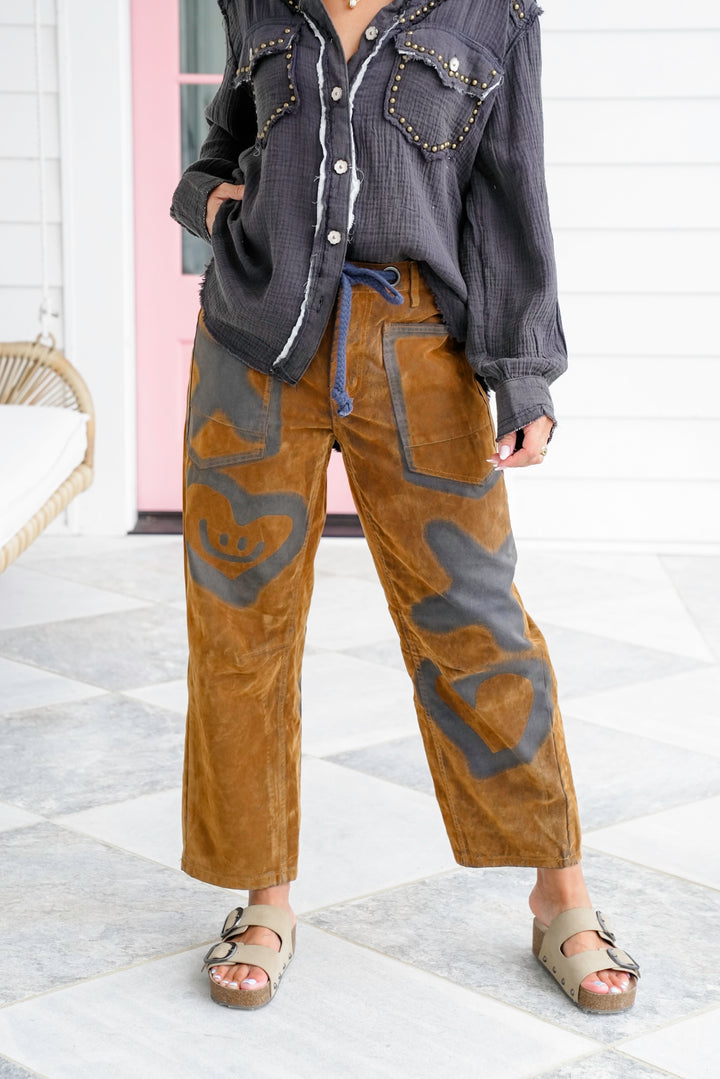Vegan Suede Tie at the Waist Pants with Charcoal Graphic Detail