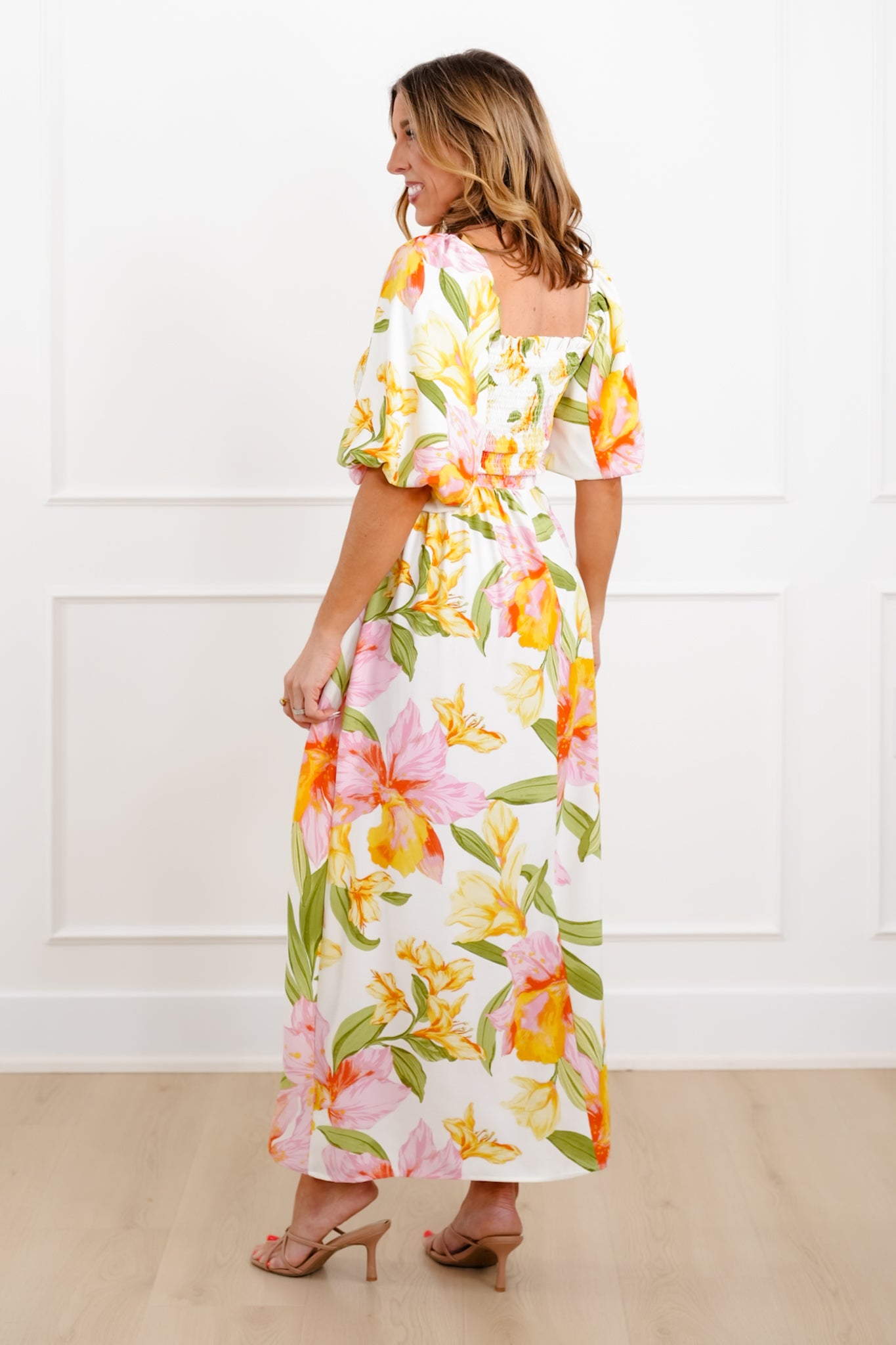 Plus/Reg Floral Puff Sleeve Square Neck Maxi Dress