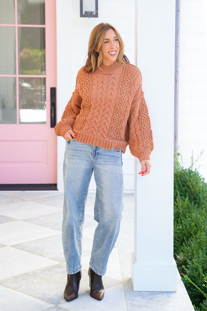 POL Cable Knit Long Sleeve Mock Neck Sweater Top