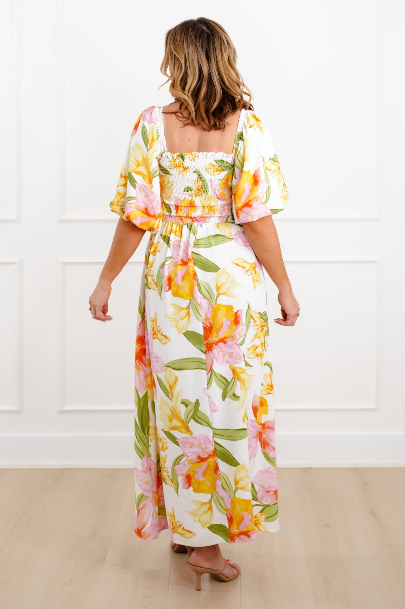 Plus/Reg Floral Puff Sleeve Square Neck Maxi Dress