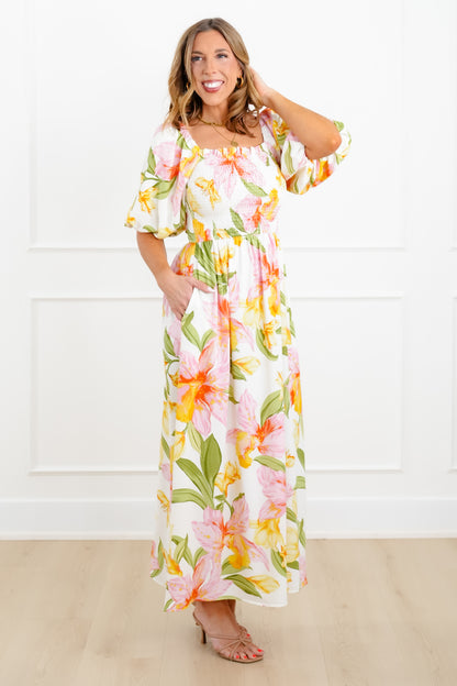 Plus/Reg Floral Puff Sleeve Square Neck Maxi Dress