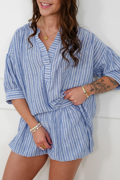 Plus/Reg Stripe Short Sleeve Top and Bubble Hem Shorts Set