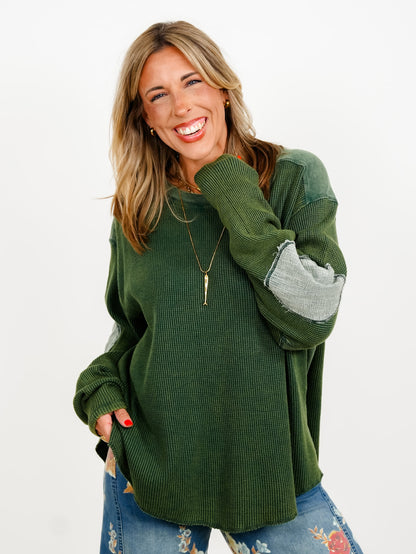 Waffle Knit Long Sleeve Top with Side Pockets