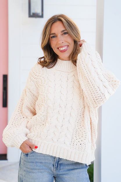 POL Cable Knit Long Sleeve Mock Neck Sweater Top