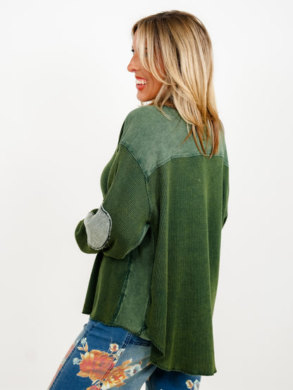 Waffle Knit Long Sleeve Top with Side Pockets