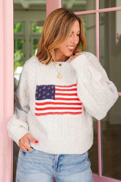POL American Flag Print Long Sleeve Round Neck Sweater