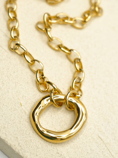 Gold Necklace with Bold Oval Ring Pendant