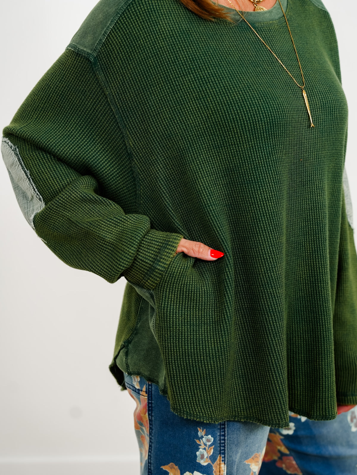 Waffle Knit Long Sleeve Top with Side Pockets
