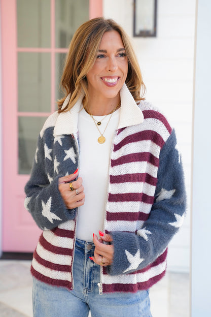 POL American Flag Print Long Sleeve Zip Up Sweater Jacket