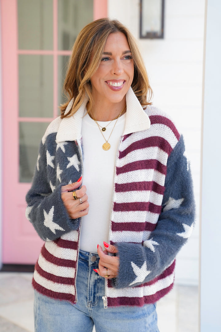 POL American Flag Print Long Sleeve Zip Up Sweater Jacket