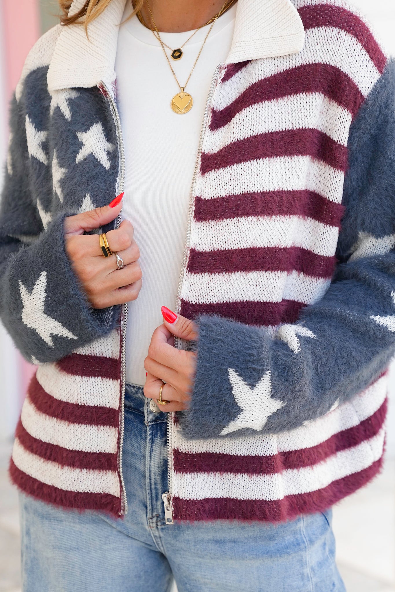 POL American Flag Print Long Sleeve Zip Up Sweater Jacket