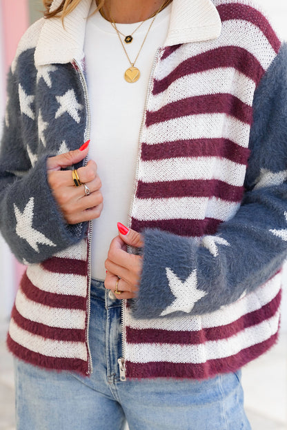 POL American Flag Print Long Sleeve Zip Up Sweater Jacket