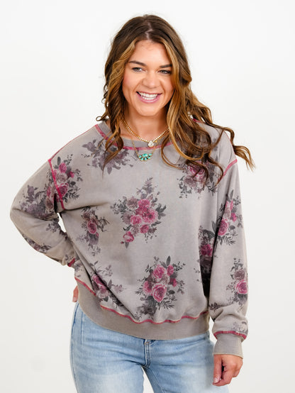 Plus/Reg Vintage Floral Print Long Sleeve Pullover Top