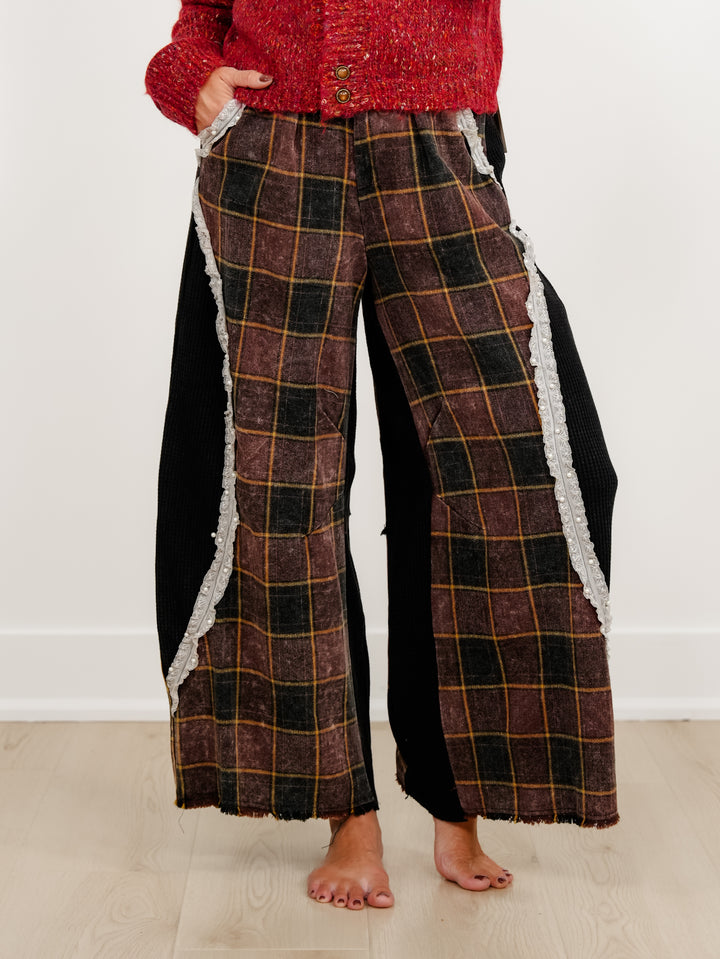 POL Checkered Elastic Waist Pants with Thermal Contrast - Freckled Poppy