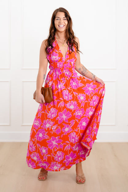 Sleeveless Floral Print Halter Neck Maxi Dress