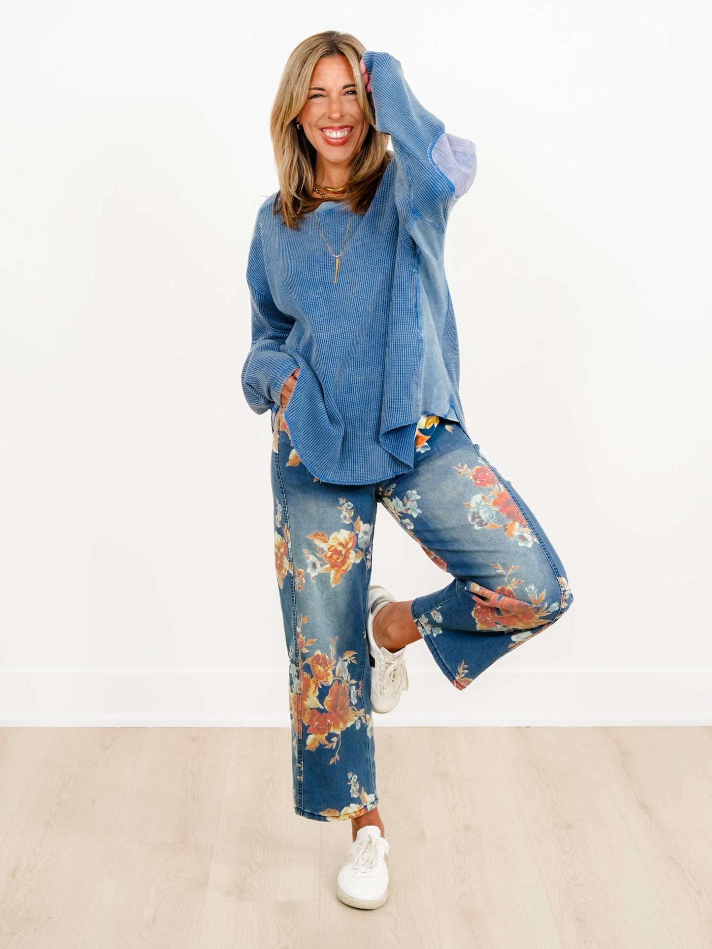 Waffle Knit Long Sleeve Top with Side Pockets