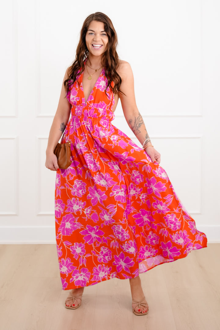 Sleeveless Floral Print Halter Neck Maxi Dress