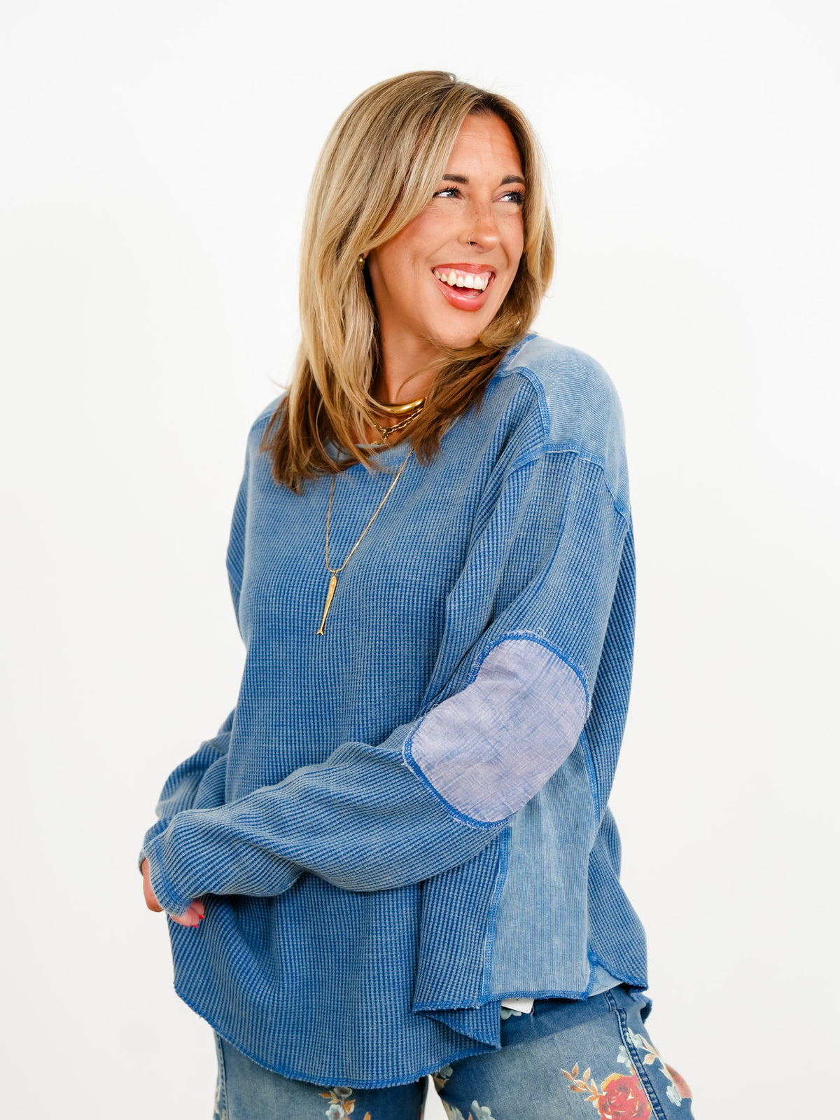 Waffle Knit Long Sleeve Top with Side Pockets