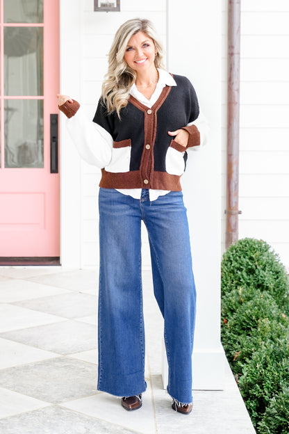 Long Sleeve Color Block Button Down Cardigan
