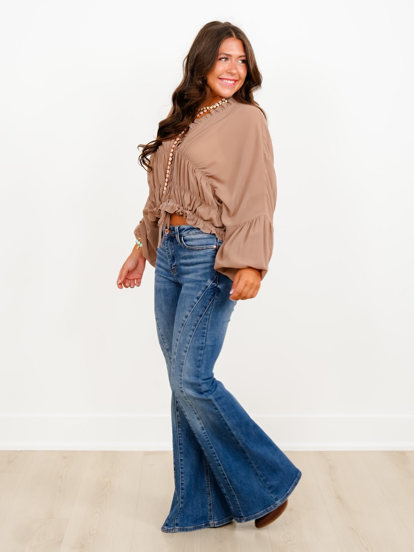 Plus/Reg Sheer Long Sleeve V-Neck Ruffled Top