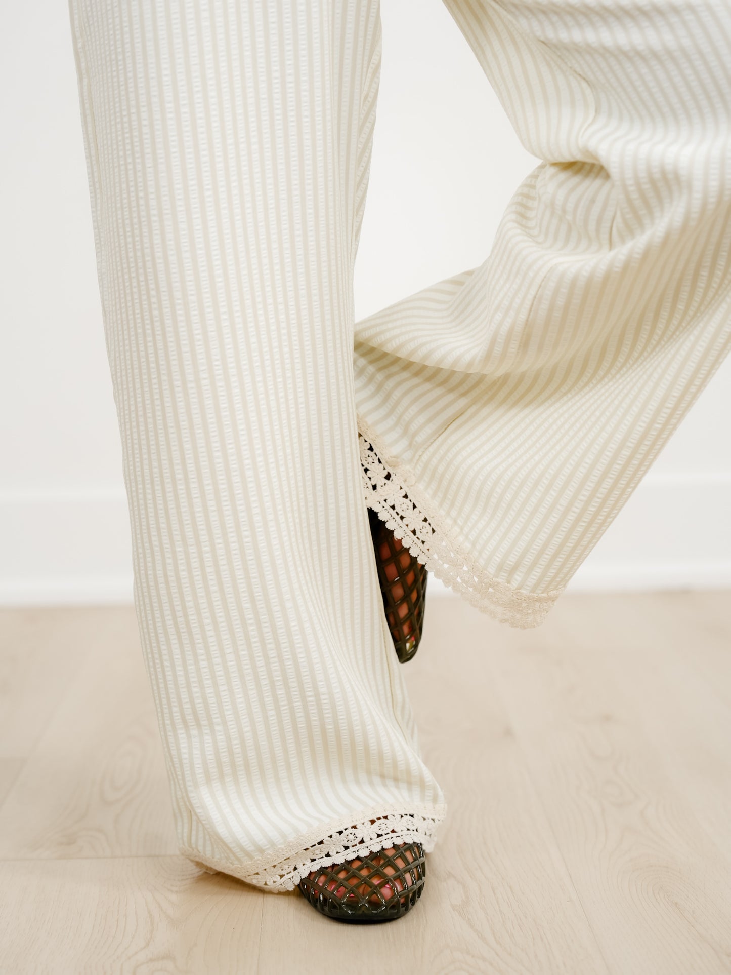 Striped Wide-leg Pants with Lace Hem - Freckled Poppy