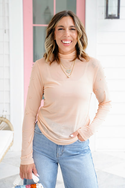 Plus/Reg Mesh Long Sleeve Mock Neck Top with Pearl Detail
