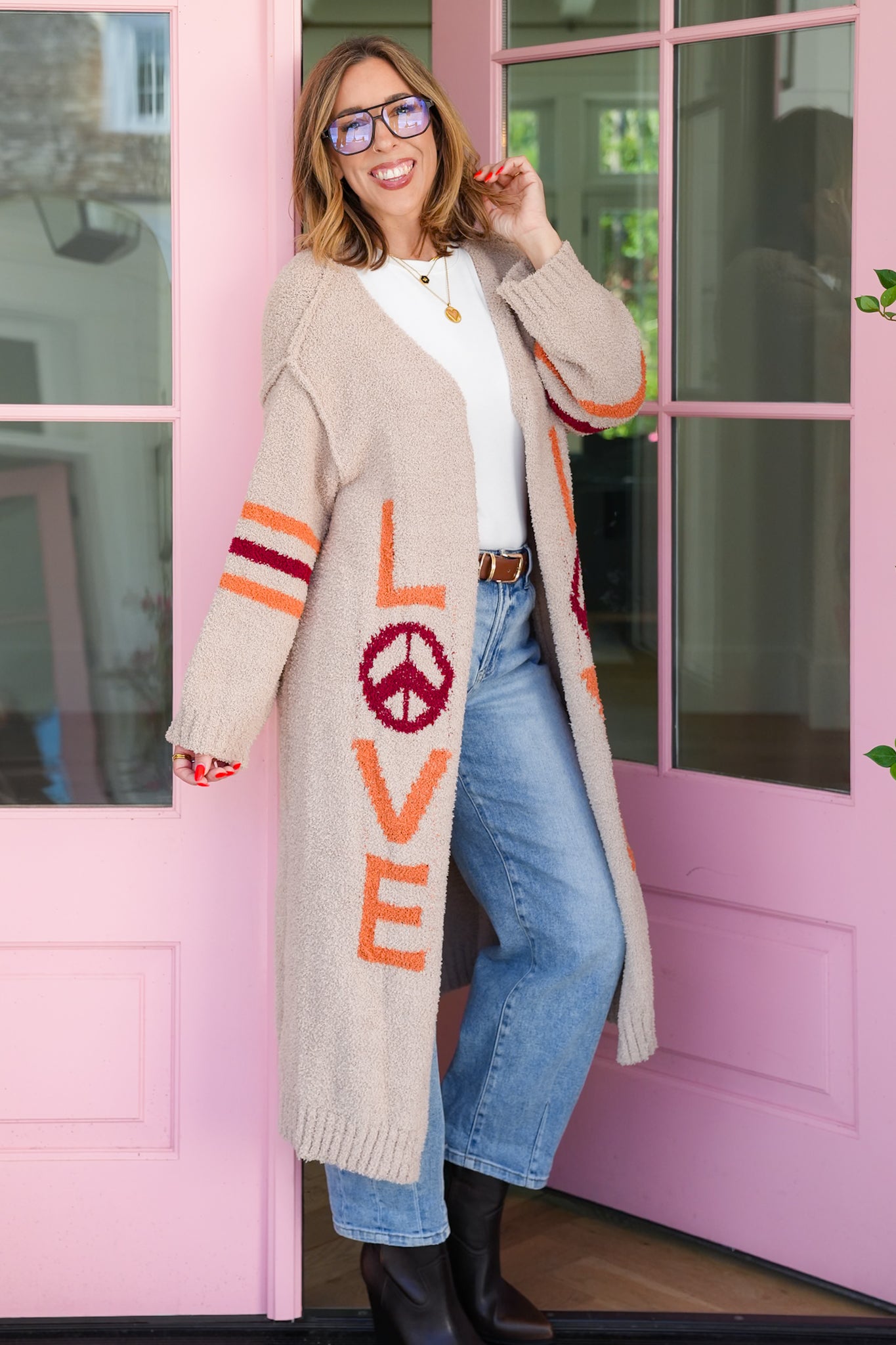 POL Love Letter Print Long Sleeve Open Cardigan Sweater