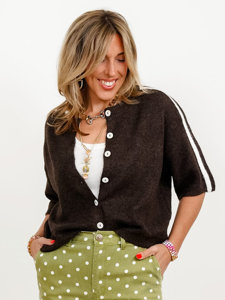 Knit Short Sleeve Button Down Cardigan Sweater - Freckled Poppy