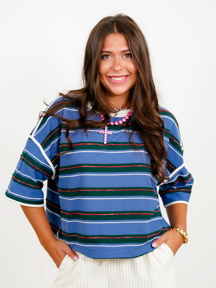 Plus/Reg Stripe Short Sleeve Round Neck Drop Shoulder Top - Freckled Poppy