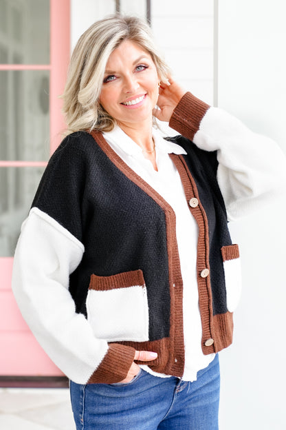 Long Sleeve Color Block Button Down Cardigan