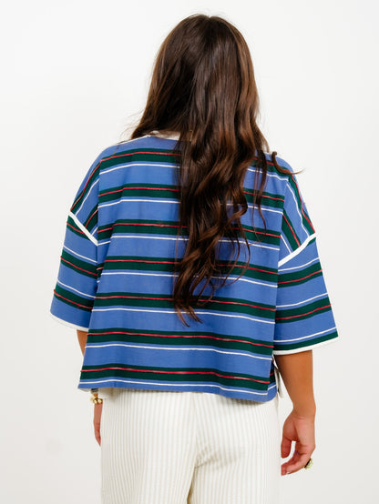 Plus/Reg Stripe Short Sleeve Round Neck Drop Shoulder Top