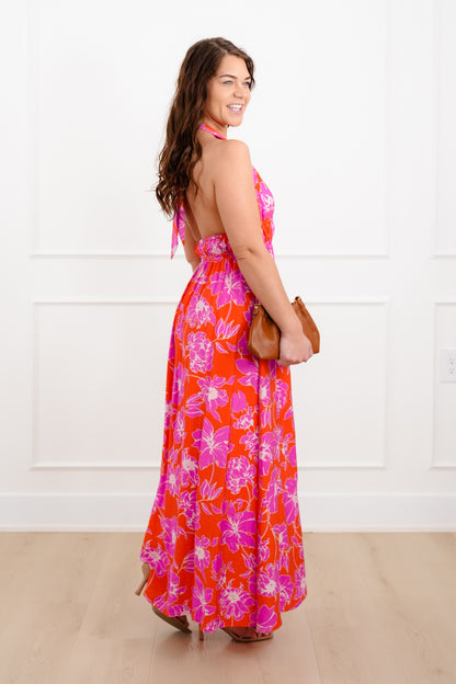 Sleeveless Floral Print Halter Neck Maxi Dress
