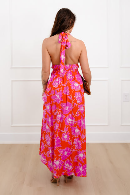 Sleeveless Floral Print Halter Neck Maxi Dress