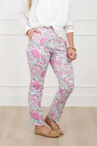 Plus/Reg Floral Paisley Print Pants with Side Zipper Pockets