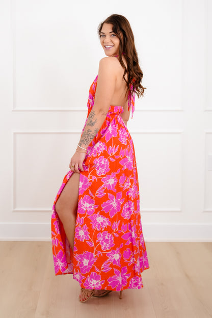 Sleeveless Floral Print Halter Neck Maxi Dress