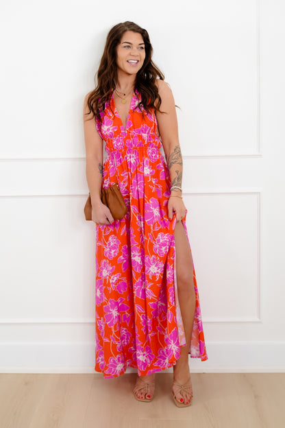 Sleeveless Floral Print Halter Neck Maxi Dress