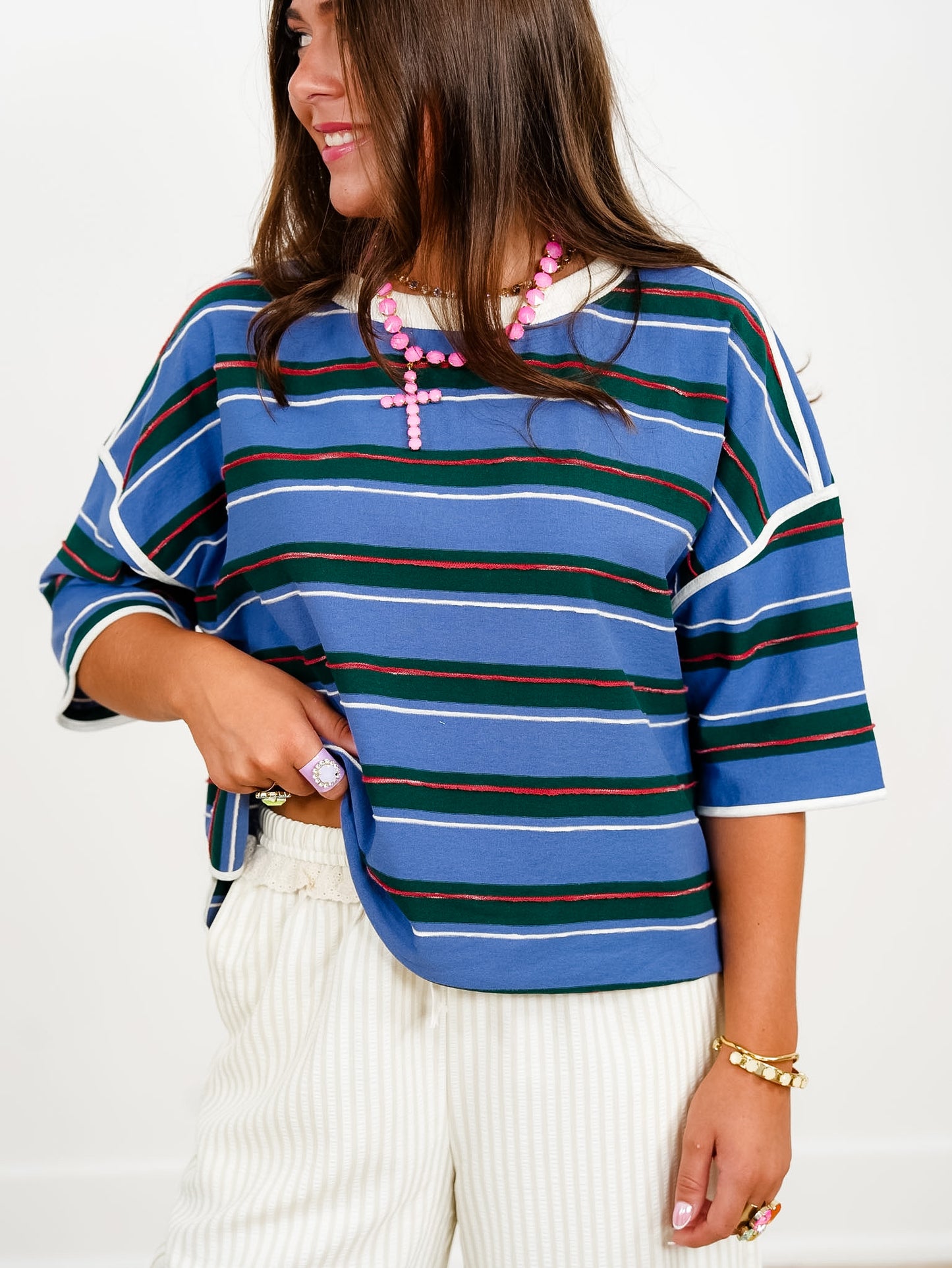 Plus/Reg Stripe Short Sleeve Round Neck Drop Shoulder Top
