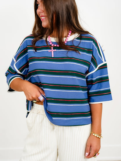 Plus/Reg Stripe Short Sleeve Round Neck Drop Shoulder Top