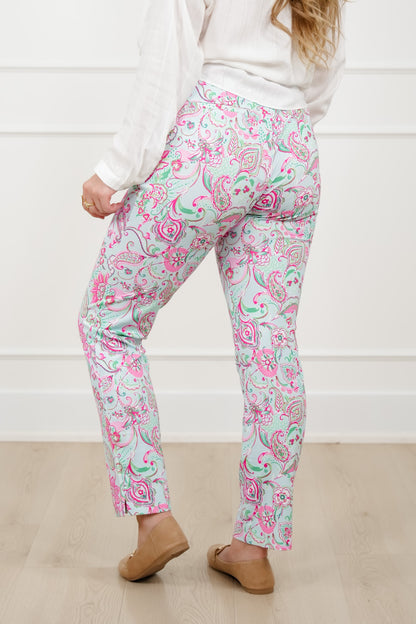 Plus/Reg Floral Paisley Print Pants with Side Zipper Pockets