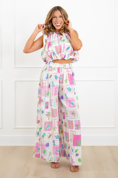 Tropical Print Sleeveless Pleated Top