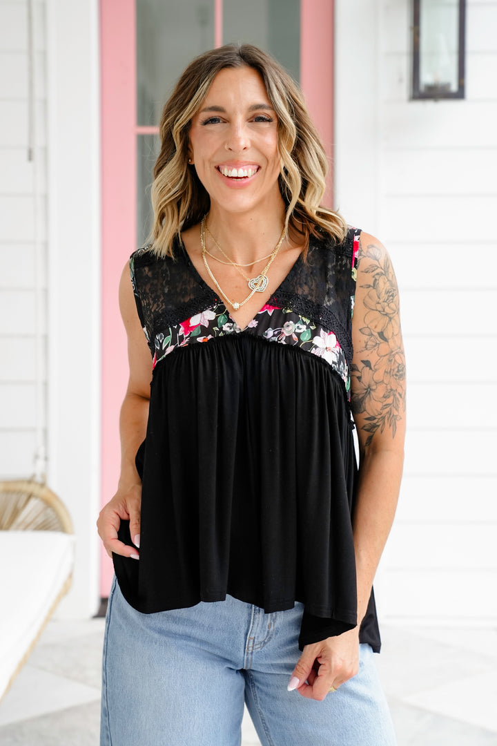 POL Sleeveless V Neck Top with Floral and Lace Detail
