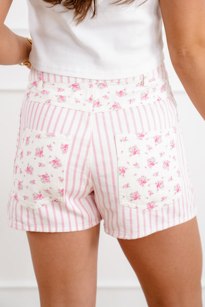 Stripe and Floral Shorts with Drawstring Waist