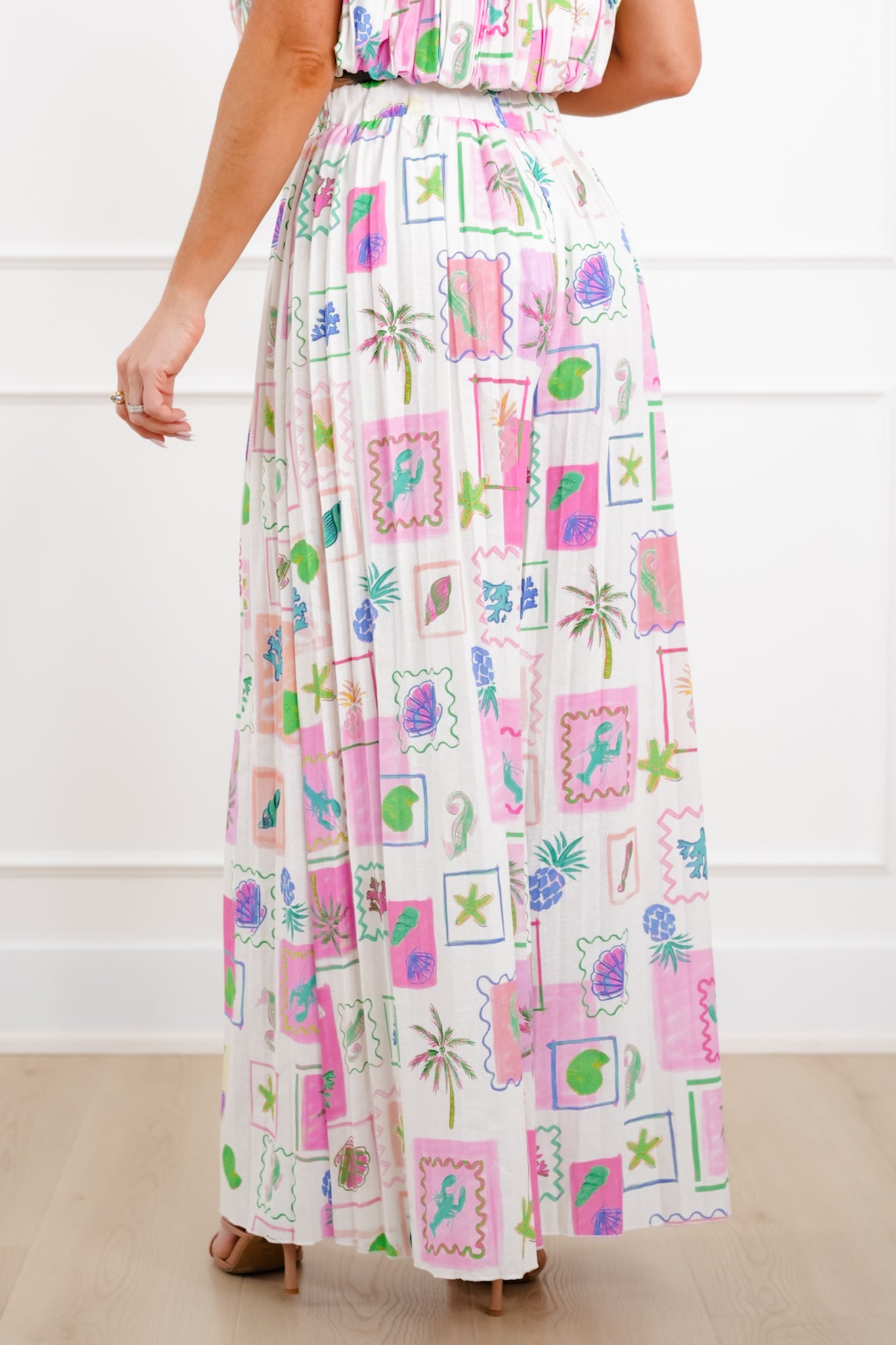 Tropical Print Elastic Waist Pleated Flowy Pants