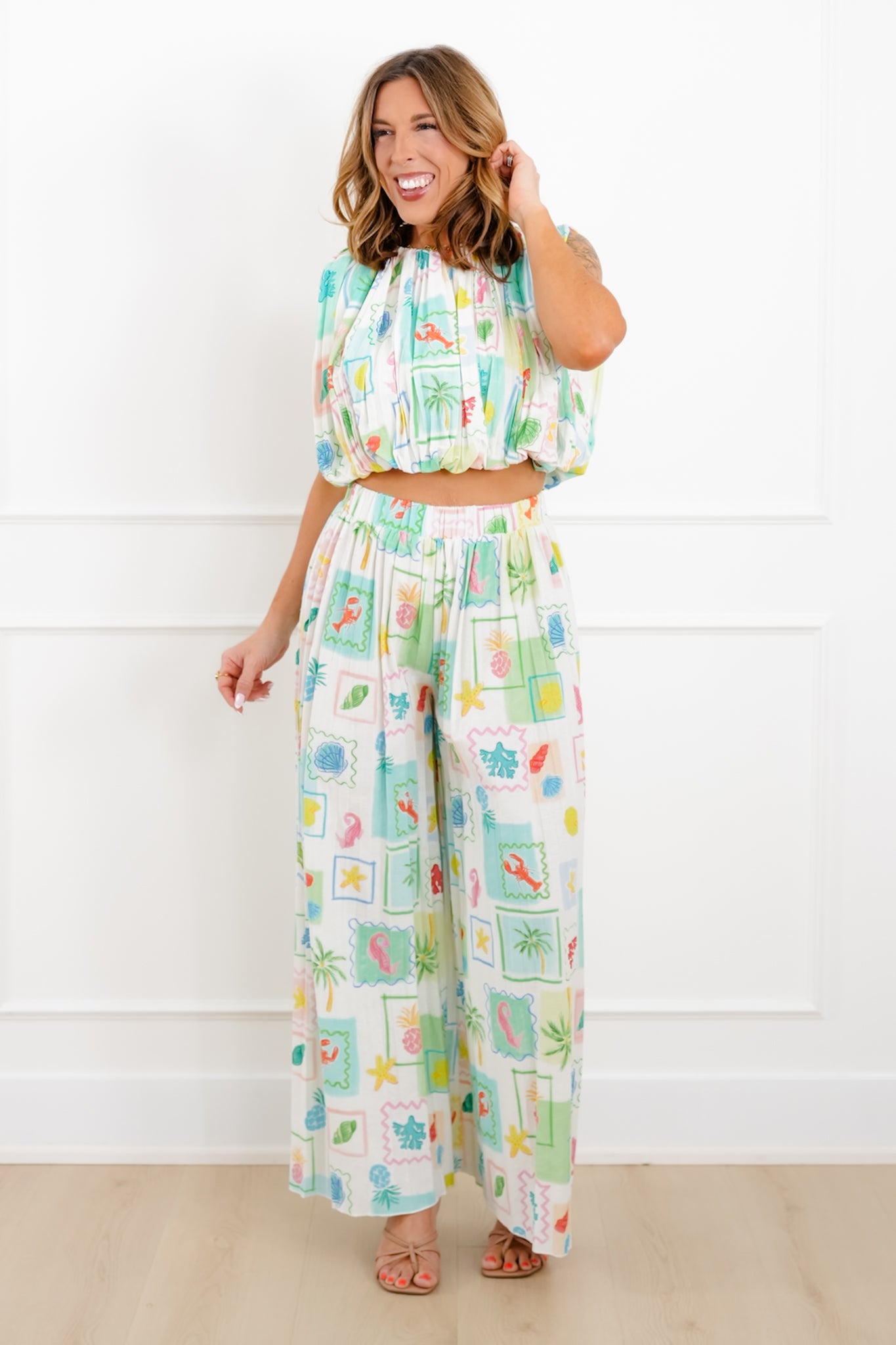 Tropical Print Elastic Waist Pleated Flowy Pants – Freckled Poppy