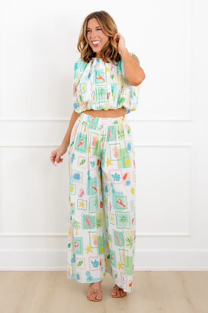 Tropical Print Elastic Waist Pleated Flowy Pants