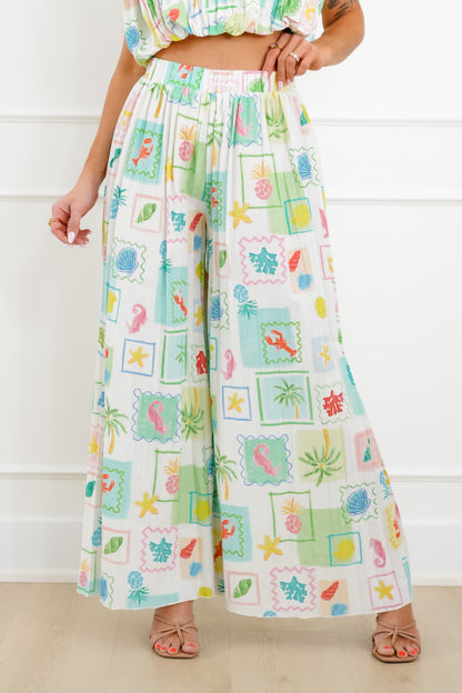 Tropical Print Elastic Waist Pleated Flowy Pants